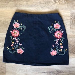 Francesca’s Embroidered Mini Floral denim skirt